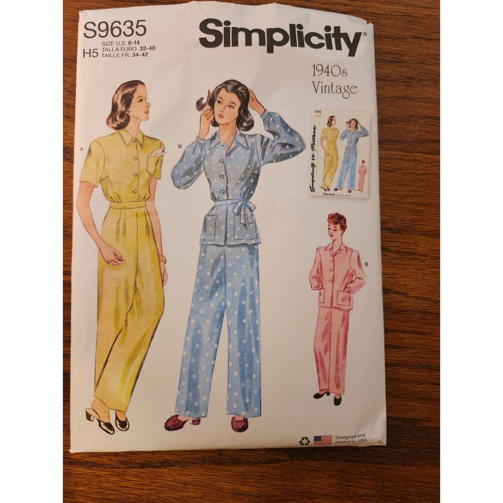 Simplicity S9635 Sewing Pattern 1940s Vintage Lounge Top Pants Size 6-14 Uncut